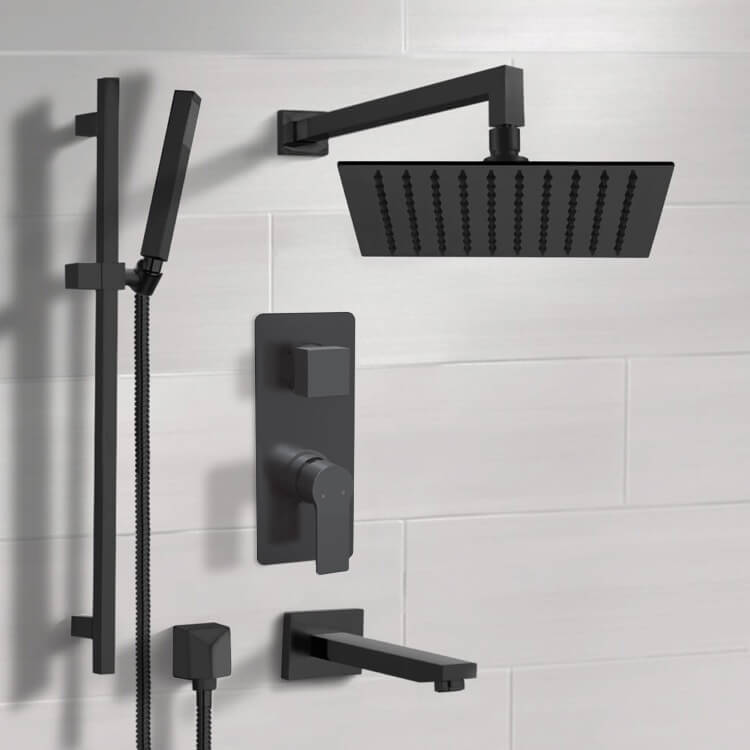 Remer TSR76-10 Matte Black Tub and Shower Set With 10 Inch Rain Shower Head and Hand Shower